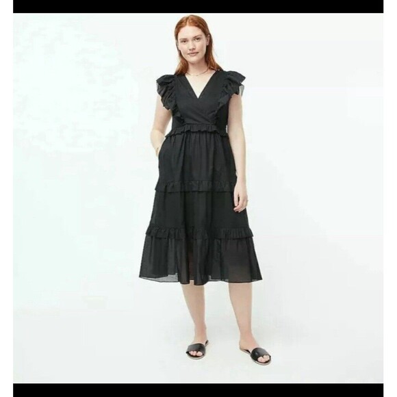 J. Crew Ruffle Sleeve Voile Dress Women's S Black 100% Cotton V-Neck A-Line - Picture 1 of 16